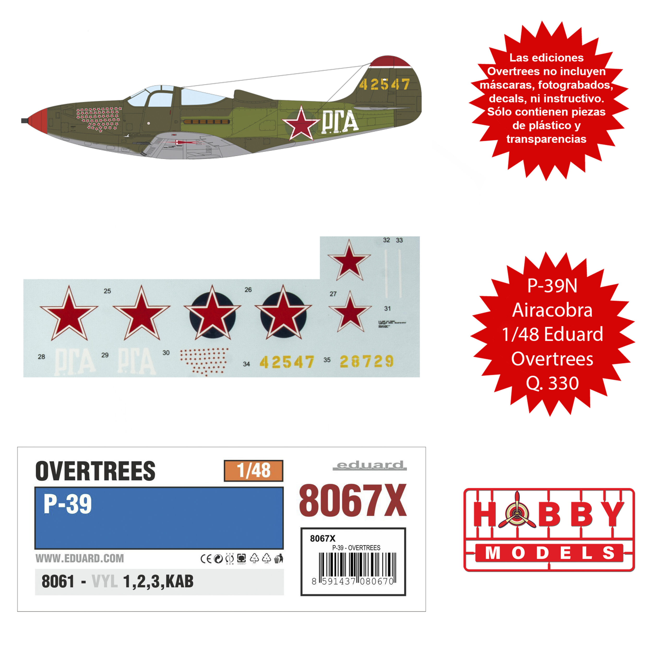 EDUARD OVERTREES P-39N AIRACOBRA 1/48 (LEER DESCRIPCIÓN) + DECALS VERSION RUSA, THE SOVIET UNION AUGUST 1,944